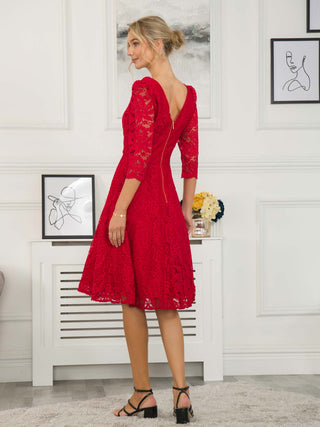 Molly 3/4 Sleeve Lace Swing Dress, Red