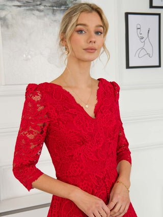 Molly 3/4 Sleeve Lace Swing Dress, Red