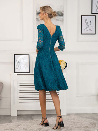 Molly 3/4 Sleeve Lace Swing Dress, Teal Jolie Moi Retail Molly 3/4 Sleeve Lace Swing Dress, Teal Jolie Moi Retail