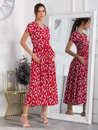 Marbouka Stand Collar Maxi Dress, Red Leafy