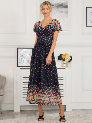 Mably Mirror Print Maxi Mesh Dress, Navy Floral