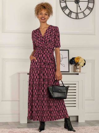 Beatrice Jersey Wrap Maxi Dress, Navy Geo Jolie Moi Retail Beatrice Jersey Wrap Maxi Dress, Navy Geo Jolie Moi Retail