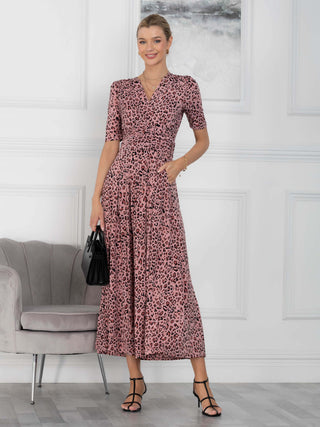 Jolie Moi Beatrice Jersey Wrap  Maxi Dress, Pink Animal, Wrap over V-neckline, Half sleeves, Front Image
