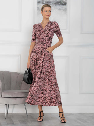Jolie Moi Beatrice Jersey Wrap Maxi Dress, Pink Animal, Wrap over V-neckline, Half sleeves, Funtional Pockets Front Image