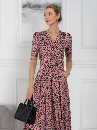 Jolie Moi Beatrice Jersey Wrap Maxi Dress, Pink Animal, Wrap over V-neckline, Half sleeves, Close Up Image