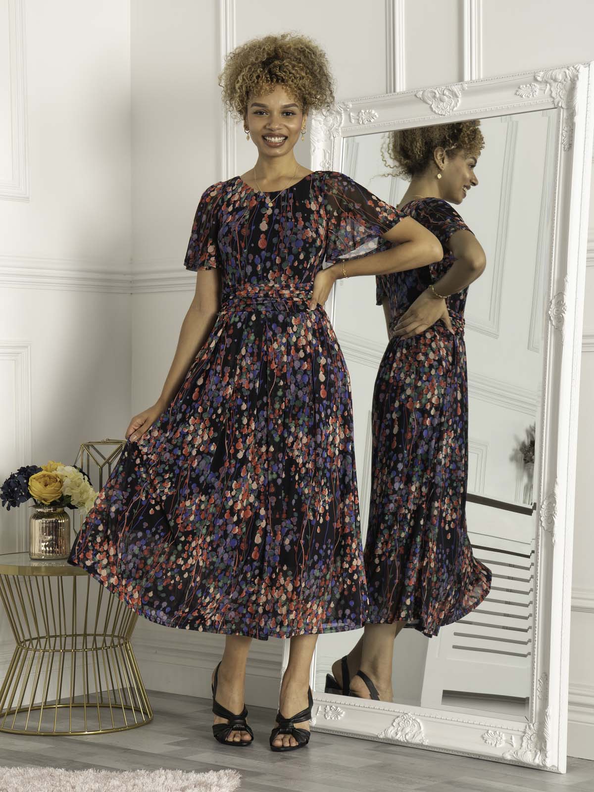 Mabelle Flare Sleeve Mesh Maxi Dress Navy Multi  Jolie Moi Retail