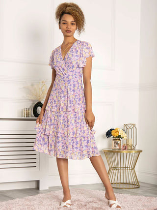 Jolie Moi Gabielle Tiered Midi Dress, Purple Floral
