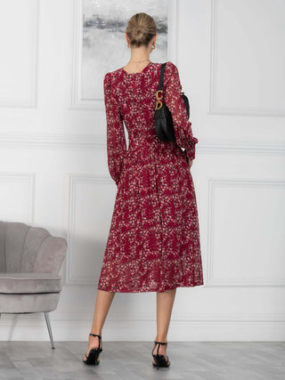 Vanessa Floral Print Wrap Front Midi Dress, Burgundy/Multi