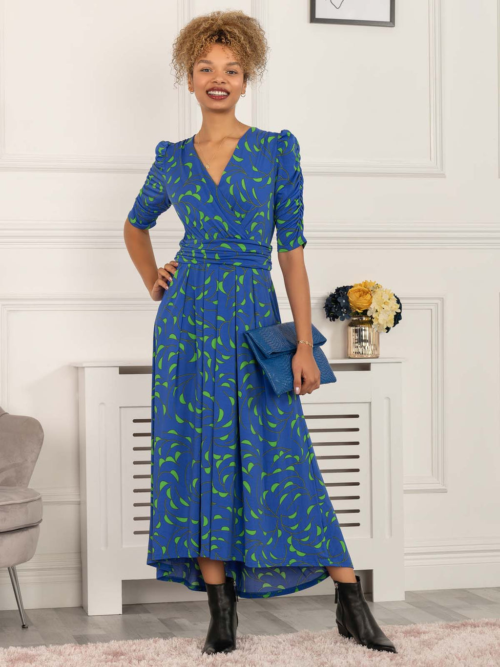 Maanasi Ruched Sleeve Jersey Maxi Dress, Blue Pattern – Jolie Moi Retail