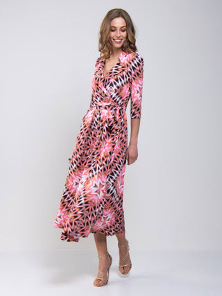 Cross Over Tie Waist Maxi Dress, Pink Multi