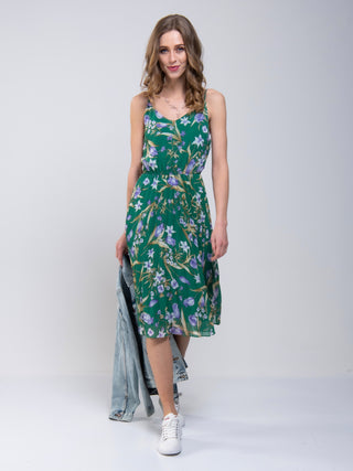 Strappy Floral Pleated Midi Dress, Green Floral