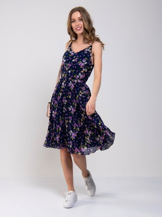 Strappy Floral Pleated Midi Dress, Navy Floral