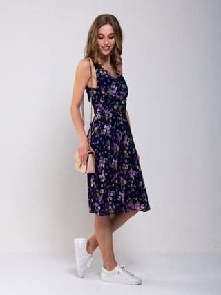 Strappy Floral Pleated Midi Dress, Navy Floral