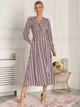 Jolie Moi Nancy Long Sleeve Maxi Dress, Pink Geo