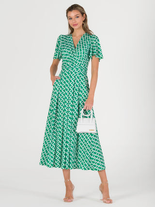 Halley Angel Sleeve Jersey Maxi Dress, Green Geometric