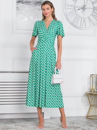 Halley Angel Sleeve Jersey Maxi Dress, Green Geometric