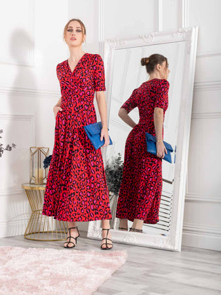 Jolie Moi Oakley Animal Print Wrap Maxi Dress, Red Animal