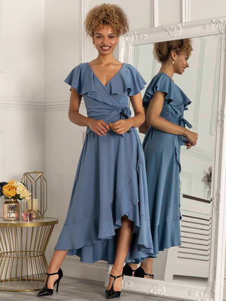 Priya Frill Dipped Hem Dress, Steel Blue Jolie Moi Retail Priya Frill Dipped Hem Dress, Steel Blue Jolie Moi Retail