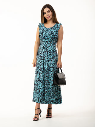 blue dress, animal print, printed dress, maxi dress, occasion dress, pattern dress, wrap dress