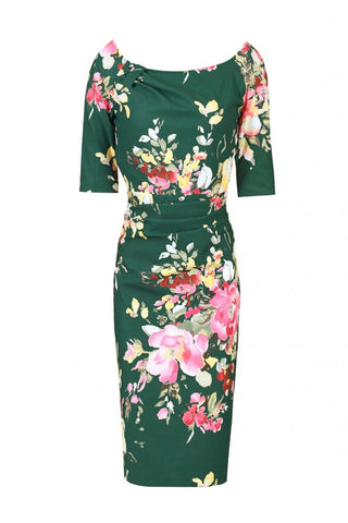 Floral Print Half Sleeve Ruched Dress, Dark Green