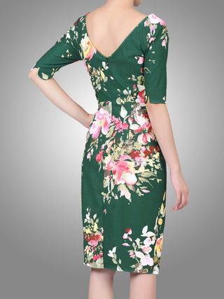 Floral Print Half Sleeve Ruched Dress, Dark Green