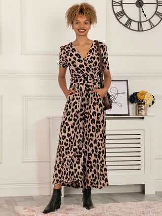 Jolie Moi Perla Leopard Wrap Jersey Jumpsuit, Pink Animal