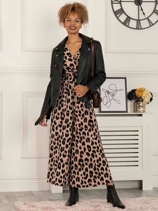 Jolie Moi Perla Leopard Wrap Jersey Jumpsuit, Pink Animal