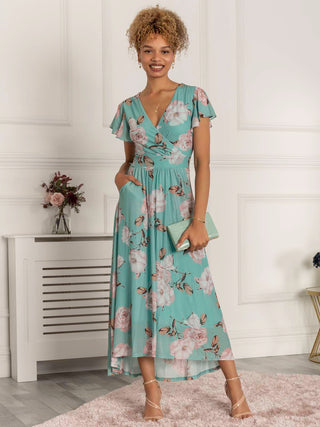 green dip hem dress Yumi Green Floral Kimono Wrap Dress With Dip Hem Love My Apparel