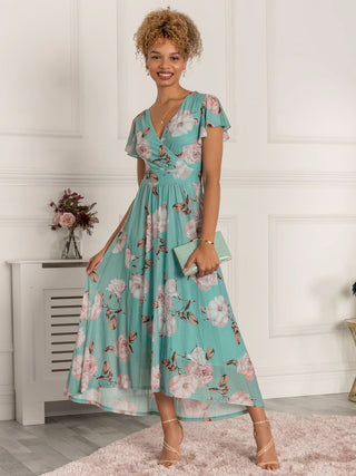 Piper Dip Hem Mesh Maxi Dress, Green Floral Jolie Moi Retail Piper Dip Hem Mesh Maxi Dress, Green Floral Jolie Moi Retail