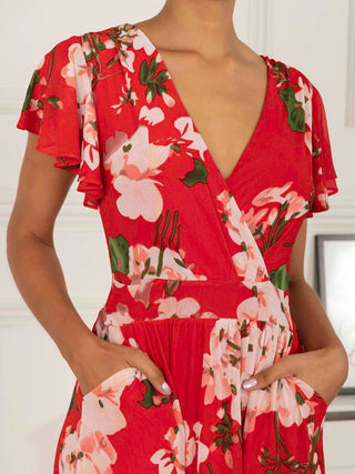 Jolie Moi Wrap Mesh Midi Dress, Red Floral