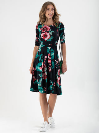 Print Half Sleeve Midi Viscose Dress, Navy Floral