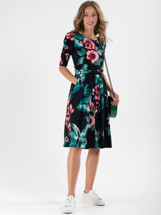 Print Half Sleeve Midi Viscose Dress, Navy Floral