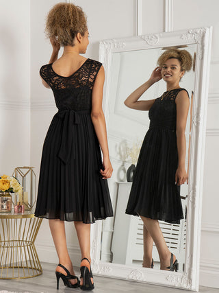 Cindy Lace Bodice Pleated Dress, Black