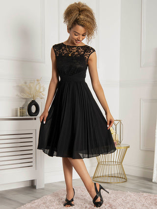 Cindy Lace Bodice Pleated Dress, Black
