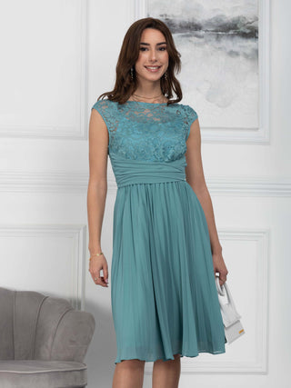 Cindy Lace Bodice Pleated Dress, Duck Egg Blue