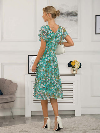 Colette Fit & Flare Mesh Dress, Green Floral