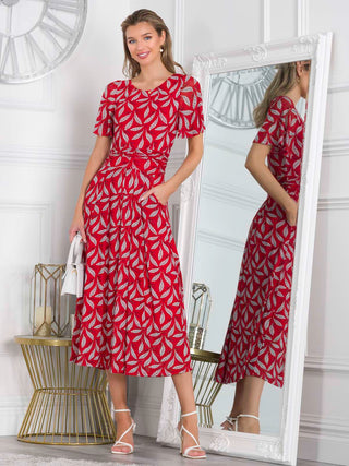 Jolie Moi Giana Mesh Maxi Dress, Red Leafy, Short Sleeve, Rounded Neckline, Fit&Flare, Front Image