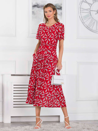 Jolie Moi Giana Mesh Maxi Dress, Red Leafy, Short Sleeve, Rounded Neckline, Fit&Flare, Two Functional Pockets, Subtle Pleat Detail, Front Image