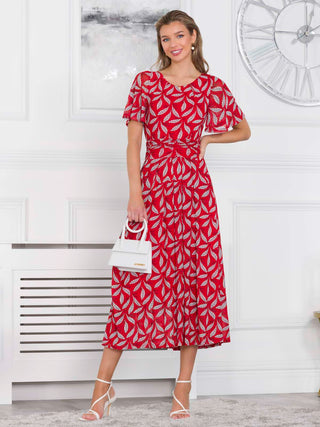 Jolie Moi Giana Mesh Maxi Dress, Red Leafy, Short Sleeve, Rounded Neckline, Fit&Flare, Two Functional Pockets, Subtle Pleat Detail, Elasticated Waist