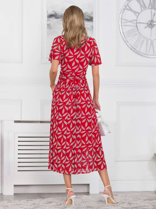 Jolie Moi Giana Mesh Maxi Dress, Red Leafy, Short Sleeve, Rounded Neckline, Fit&Flare, Back Image
