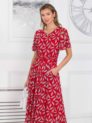 Jolie Moi Giana Mesh Maxi Dress, Red Leafy, Short Sleeve, Rounded Neckline, Fit&Flare, Two Functional Pockets, Close up Image