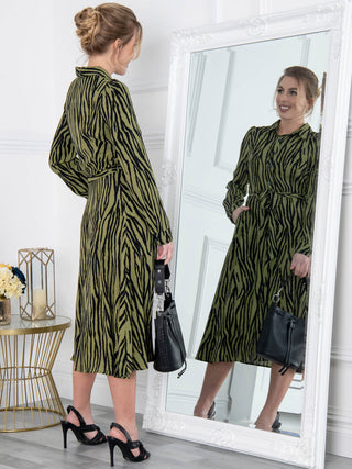 Jolie Moi Shea Viscose Shirt Midi Dress, Green Animal