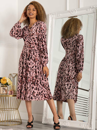 Jolie Moi Libby Long Sleeve Midi Dress, Pink Abstract