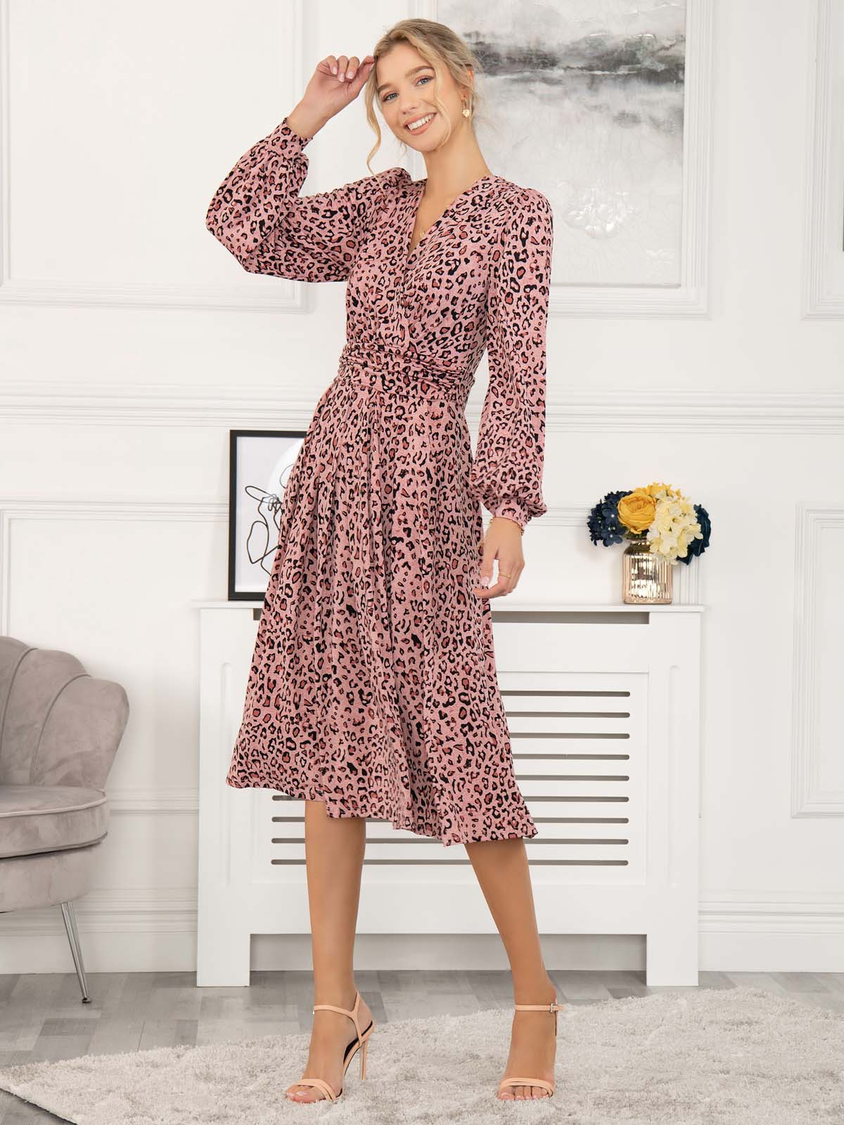 Long sleeve animal 2025 print midi dress