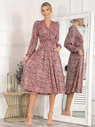 Libby Long Sleeve Midi Dress, Pink Animal Jolie Moi Retail Libby Long Sleeve Midi Dress, Pink Animal Jolie Moi Retail