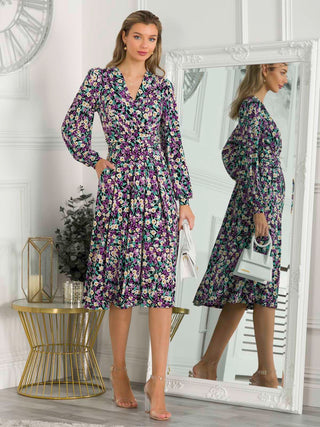 Libby Long Sleeve Midi Dress, Purple Floral