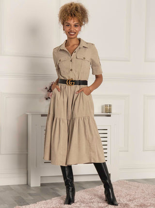 Jolie Moi Military Tiered Shirt Dress, Ecru