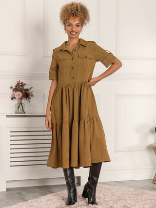 Jolie Moi Military Tiered Corduroy Shirt Dress, Khaki