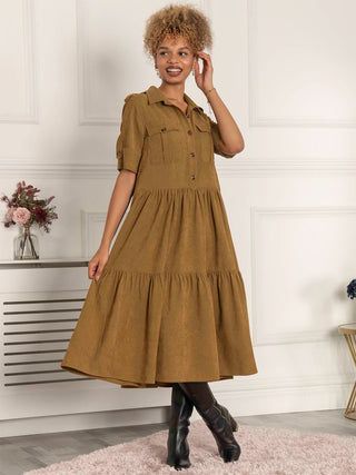 Jolie Moi Military Tiered Corduroy Shirt Dress, Khaki