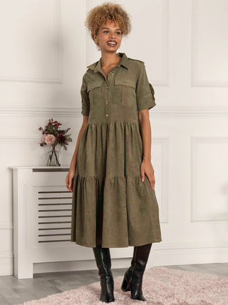 Jolie Moi Military Tiered Shirt Dress, Soldier Green